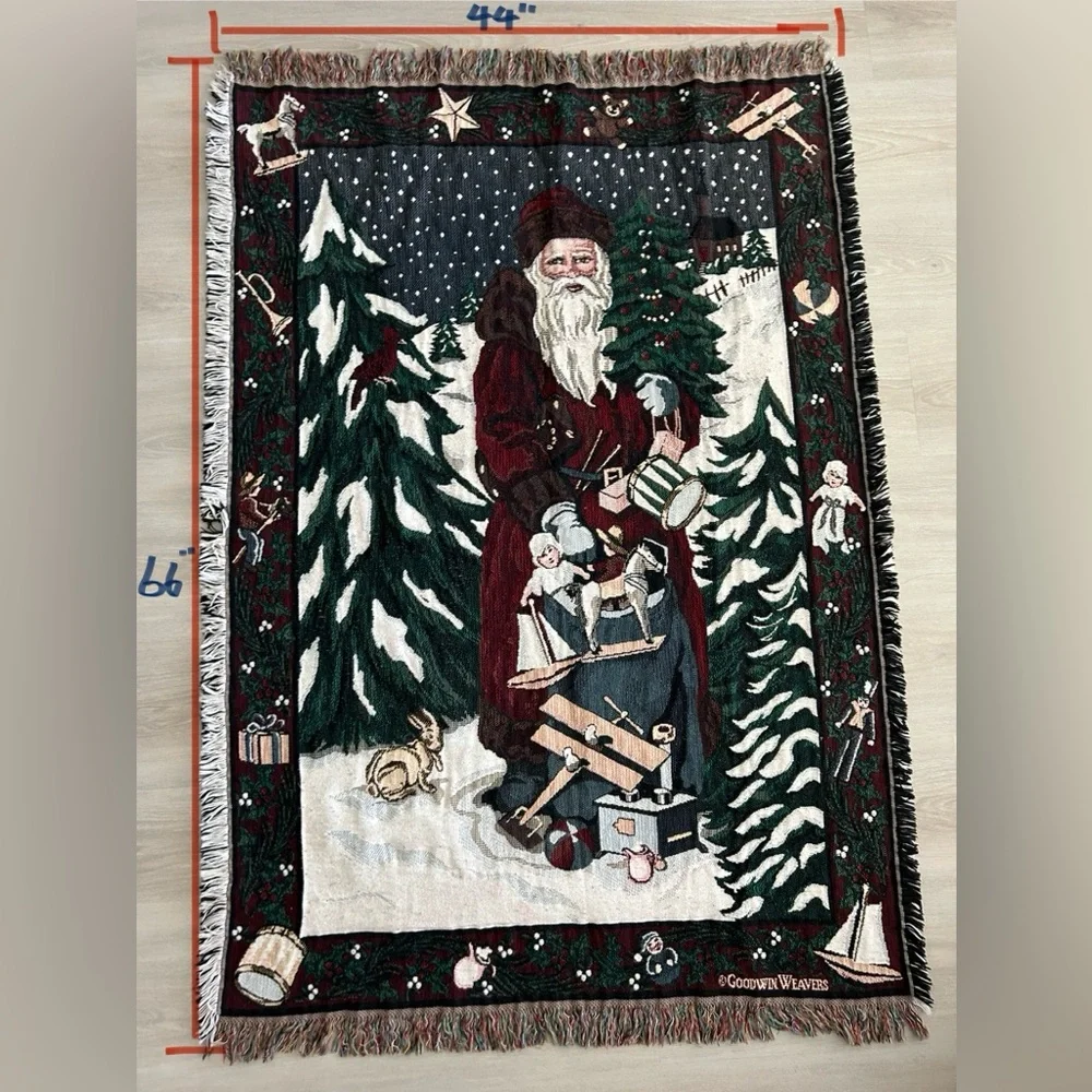 Vtg Goodwin Weavers Old World Santa Woven Blanket Victorian Christmas Throw USA